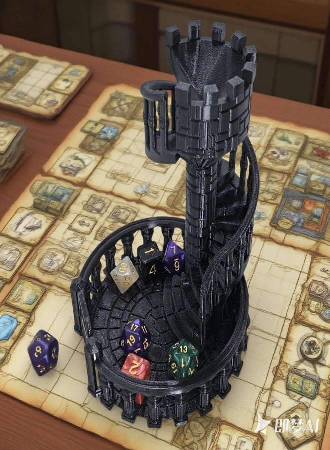 XJPONGC Dice Spiral Dark Castle Dice Tower Dungeons and Dragons RPG Tabletop Roleplaying Game Jail D&D (Random 7PCS D20 Dice Set Included) Black - Image 2