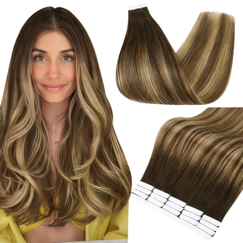 Full Shine Tape in Hair Extensions Human Hair Remy Hair 18 Inch Tape Extensions Color 2 Fading to 3 and 27 Caramel Blonde Balayage 50g Human Hair Extensions Tape Ins 20 PCS for Party