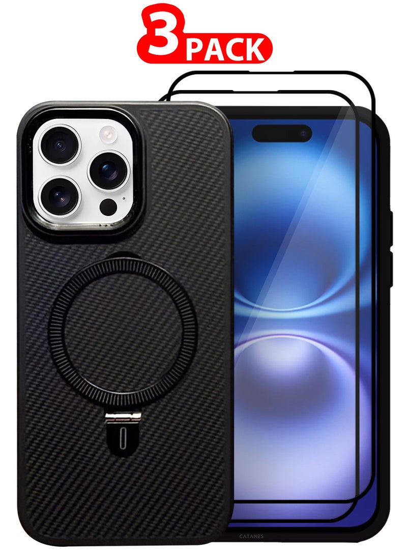 CATANES ( for iPhone 16 Pro Max ) 3 Pack, Case and 2 Screen Protectors, Carbon Fiber Texture, Metal Bracket, Magsafe Kickstand Case Cover - Black - Image 1