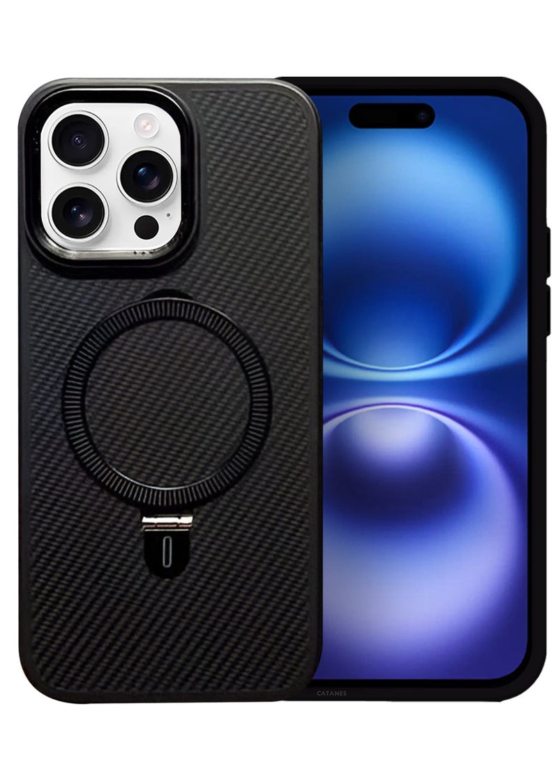 CATANES ( for iPhone 16 Pro Max ) 3 Pack, Case and 2 Screen Protectors, Carbon Fiber Texture, Metal Bracket, Magsafe Kickstand Case Cover - Black - Image 2