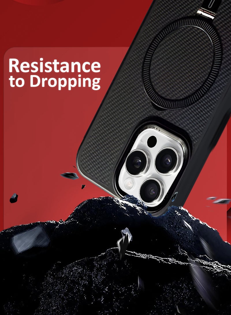 CATANES ( for iPhone 16 Pro Max ) 3 Pack, Case and 2 Screen Protectors, Carbon Fiber Texture, Metal Bracket, Magsafe Kickstand Case Cover - Black - Image 4