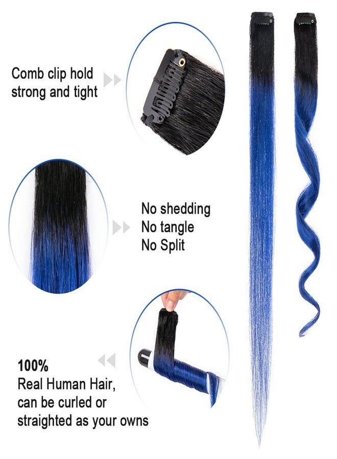Winsky Blue Ombre Clip in Colored Hair Extensions 100% Real Human Hair - Hairpiece for Women Clip on 5 Pieces/set (18 Inch,1B-Blue) - Image 3