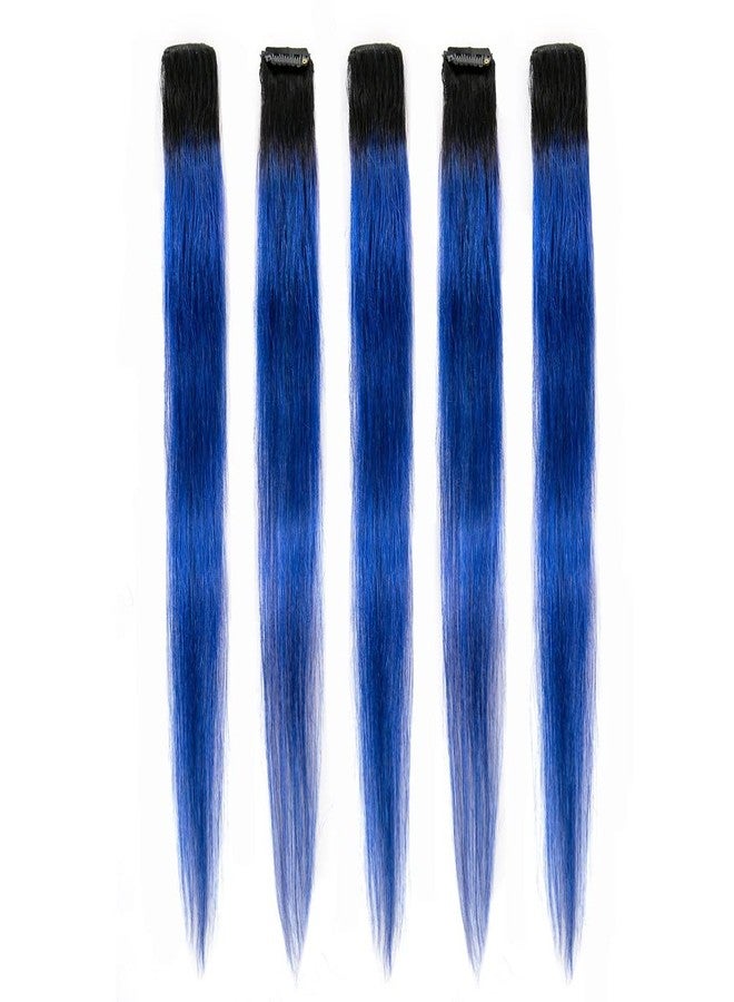 Winsky Blue Ombre Clip in Colored Hair Extensions 100% Real Human Hair - Hairpiece for Women Clip on 5 Pieces/set (18 Inch,1B-Blue) - Image 1