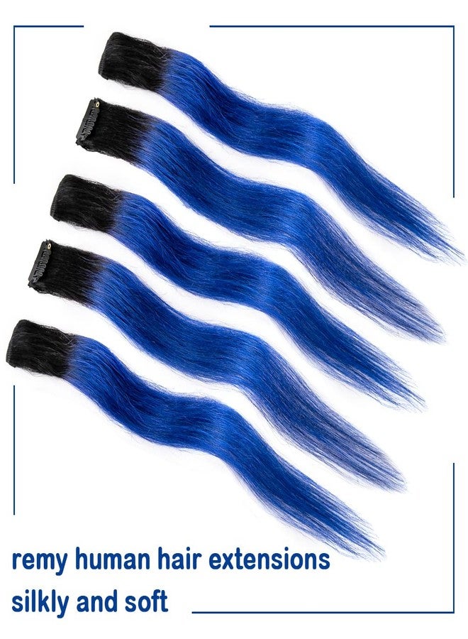 Winsky Blue Ombre Clip in Colored Hair Extensions 100% Real Human Hair - Hairpiece for Women Clip on 5 Pieces/set (18 Inch,1B-Blue) - Image 2