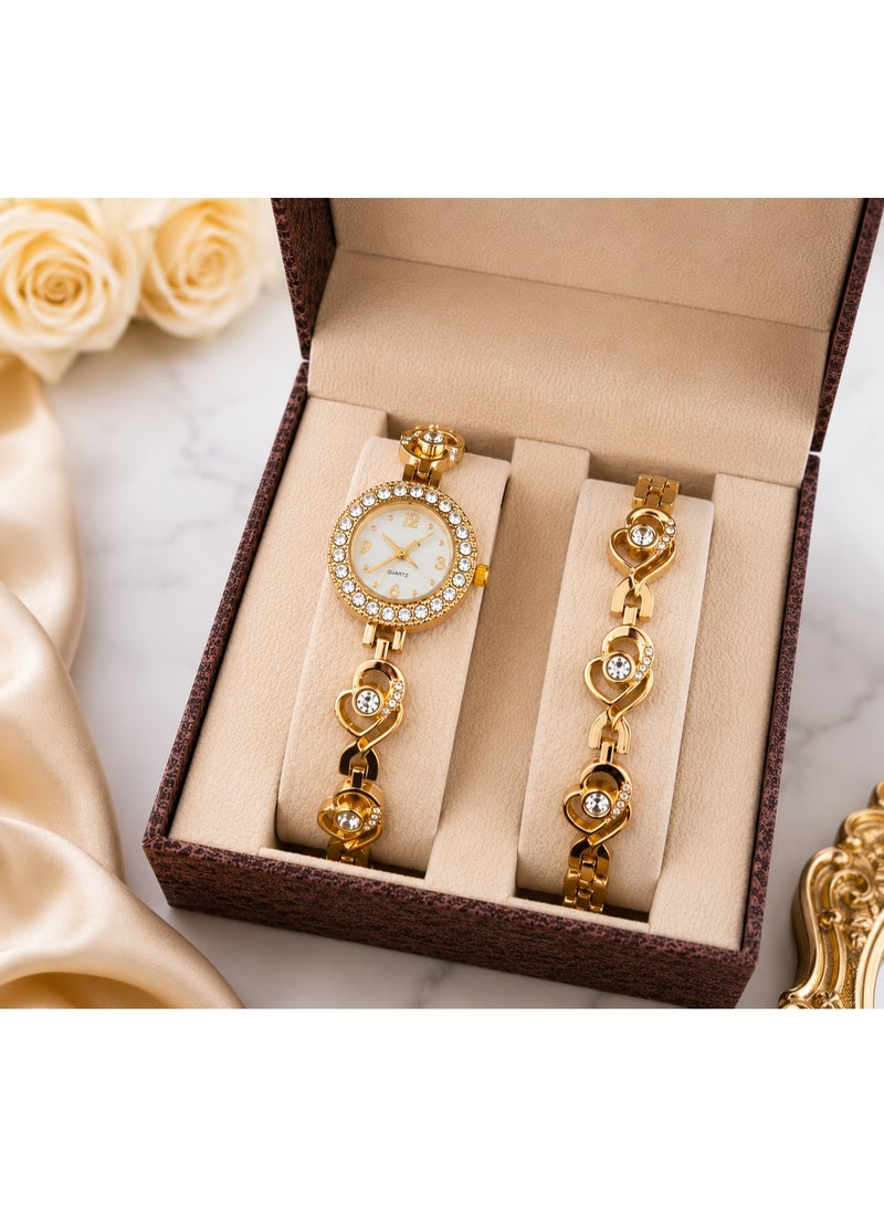 Women’s Luxury Gold-Tone Bracelet Watch with Crystal Studded Dial & Matching Bracelet Gift Set - Image 1