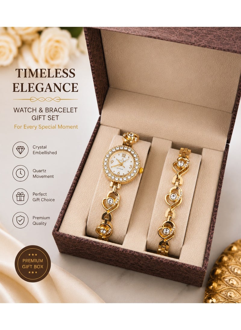 Women’s Luxury Gold-Tone Bracelet Watch with Crystal Studded Dial & Matching Bracelet Gift Set - Image 2