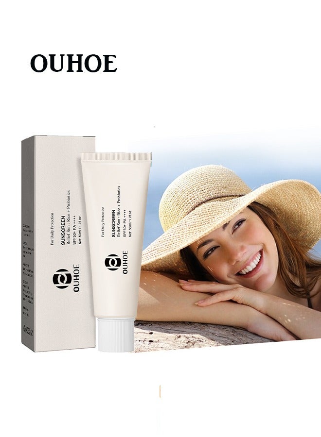 OUHOE Relief Sun Rice Probiotics SPF50+ PA++++, Rice Probiotics Sunscreen 50ML,Waterproof  Moisturizing Whitening Sunscreen Cream For Face and Body Daily Use Vacations  Outdoor Sports - Image 1