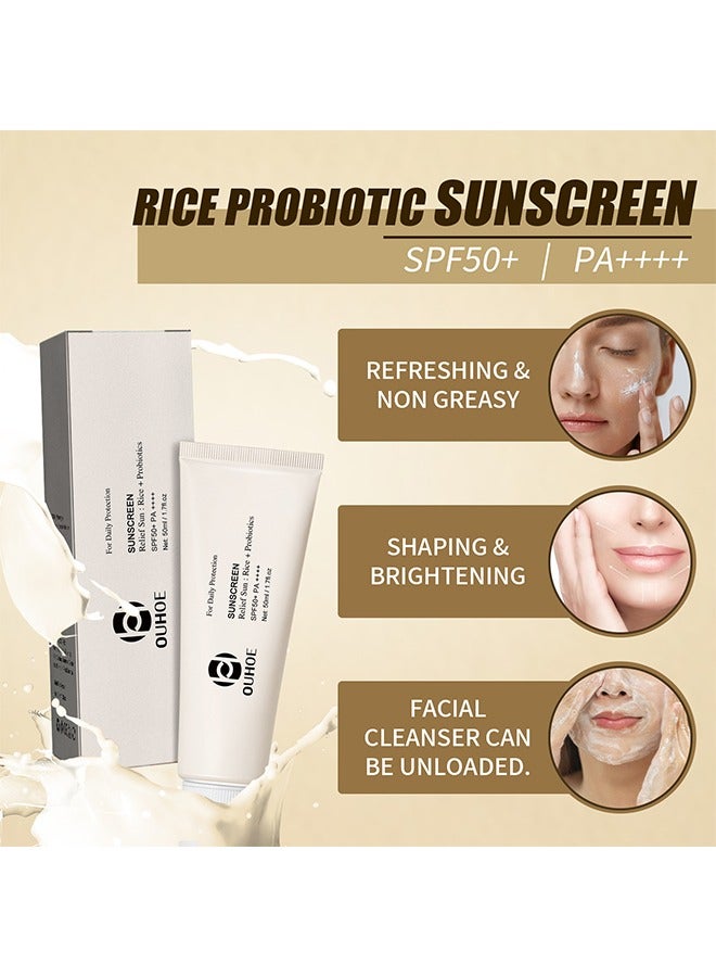 OUHOE Relief Sun Rice Probiotics SPF50+ PA++++, Rice Probiotics Sunscreen 50ML,Waterproof  Moisturizing Whitening Sunscreen Cream For Face and Body Daily Use Vacations  Outdoor Sports - Image 2