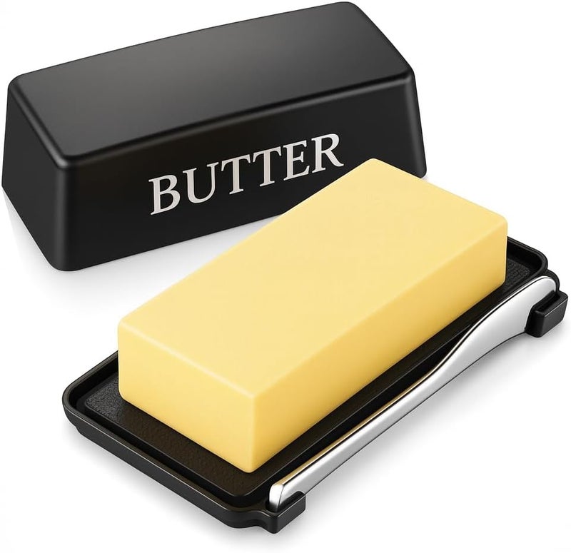 Dehov Butter Dish With Cover And Knife,Food Grade Plastic Butter Holder With Lid For Countertop,Black Dishwasher Safe Butter Storage Container - Image 1