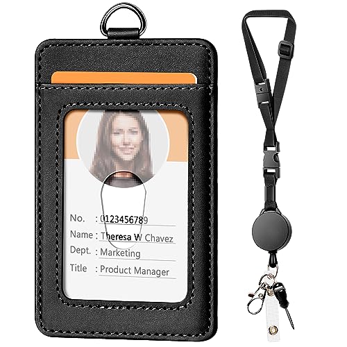 UpUGo Leather Badge Holder and Adjustable Retractable Lanyards, Quick Release Buckle and Safety Breakaway Lanyards with Swivel Metal Clasp for Offices, Staff, Students, Employees - Image 1