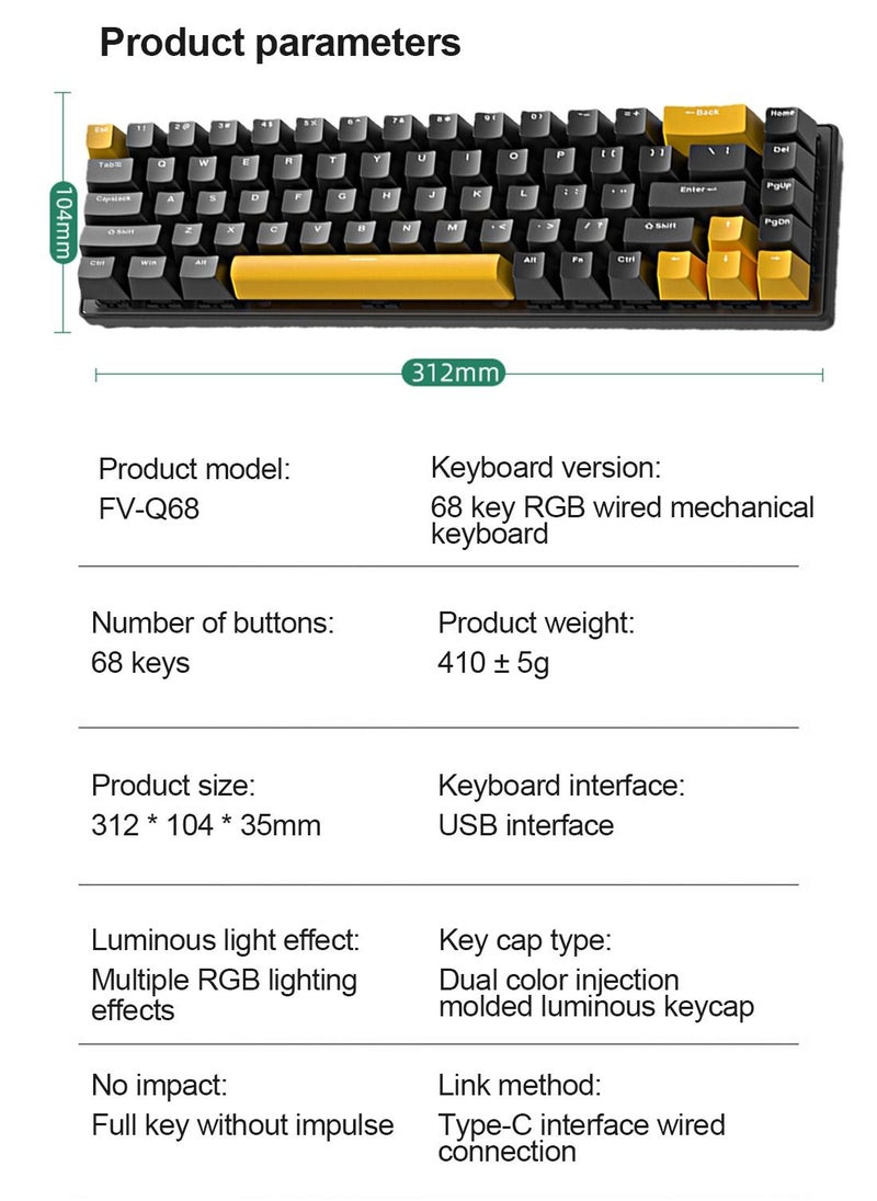 Flash Hawk - 65% Wired Blue Switch Gaming Keyboard with RGB Backlit, 68 Keys Hot-Swappable Compact Mechanical Keyboard for PC Black/Yellow - Image 1