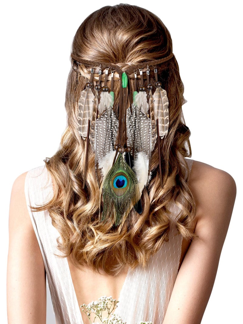XunYee Feather Headband Hippie Headband for Women Hippie Accessories Indian Hair Accessories for Costume(Short,Retro Style,Dark Color) - Image 1