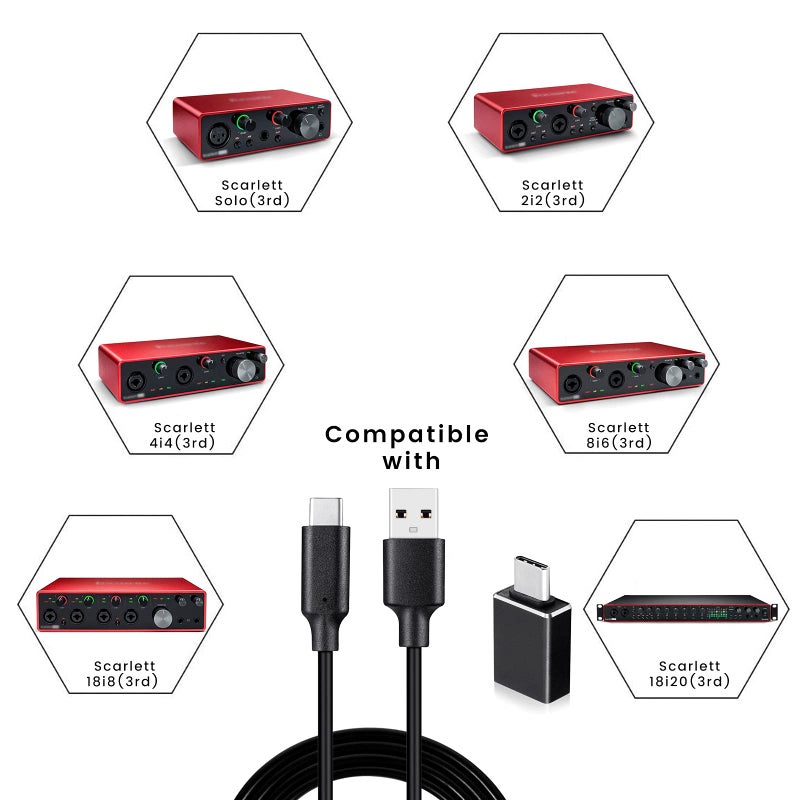 weishan Type C to USB Cable Compatible with Focusrite Scarlett Solo(3rd Gen), Scarlett 2i2(3rd Gen) USB Audio Interface, with USB C Male to USB Female Adapter, 6.6 ft - Image 2