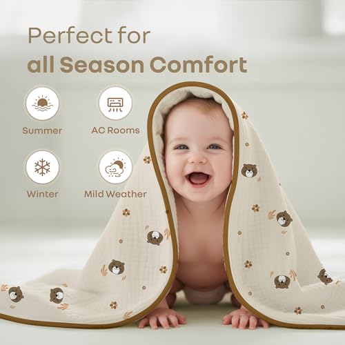 R for Rabbit Softkins Muslin Quilt Blanket for Newborn Baby 3 Layers Muslin Cotton Fabric All-Season Soft Breathable Lightweight & multipurpose Reversible Dohar, 100 x 100 cms, 0+ Months (Teddy Beige) - Image 4