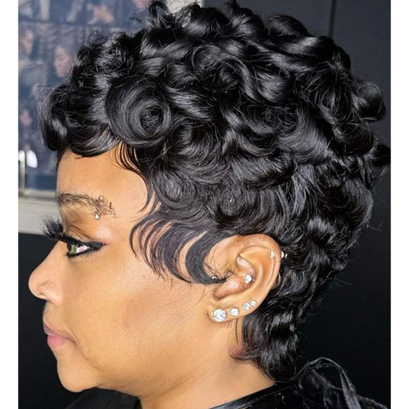 MOONSHOW Short Pixie Cut Wigs for Black Women Natural Black Pixie Cut Wigs with Bangs Short Curly Wigs for Black Women Synthetic Black Short Wigs