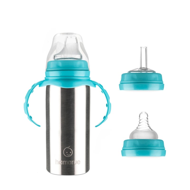 Hamarue 3-in-1 Stainless Steel Sippy Cups for Toddlers | Non-Toxic Insulated Stainless Steel Baby Bottle | Straw Cup with Removeable Handles | Plastic Free Liquid Transfer (Teal, 6 oz) - Image 1