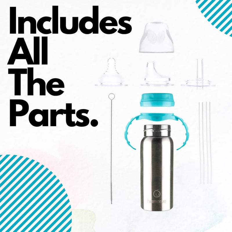 Hamarue 3-in-1 Stainless Steel Sippy Cups for Toddlers | Non-Toxic Insulated Stainless Steel Baby Bottle | Straw Cup with Removeable Handles | Plastic Free Liquid Transfer (Teal, 6 oz) - Image 5