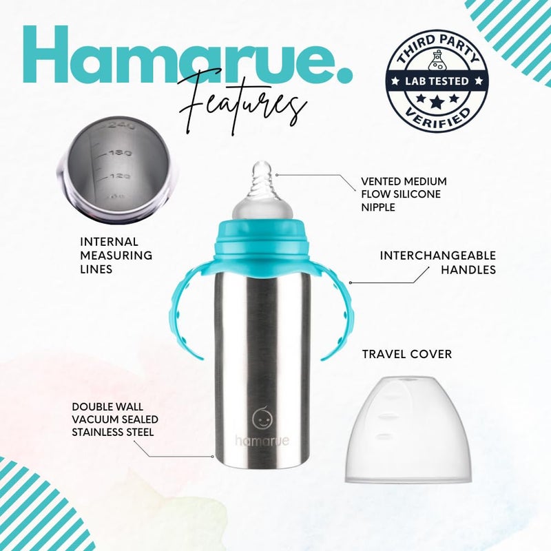 Hamarue 3-in-1 Stainless Steel Sippy Cups for Toddlers | Non-Toxic Insulated Stainless Steel Baby Bottle | Straw Cup with Removeable Handles | Plastic Free Liquid Transfer (Teal, 6 oz) - Image 2