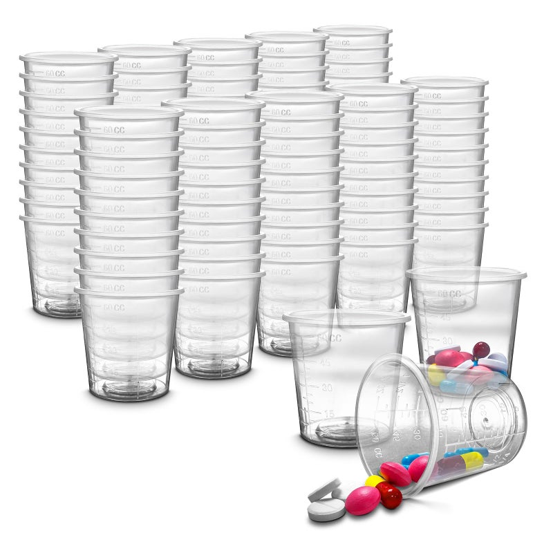 Regen 100 Pack  REGEN 60ml Graduated Clear Reusable Measuring Cups Pots Container Beaker Tubs  Ideal for Medicine Kitchen Cooking Catering Medical Lab Home