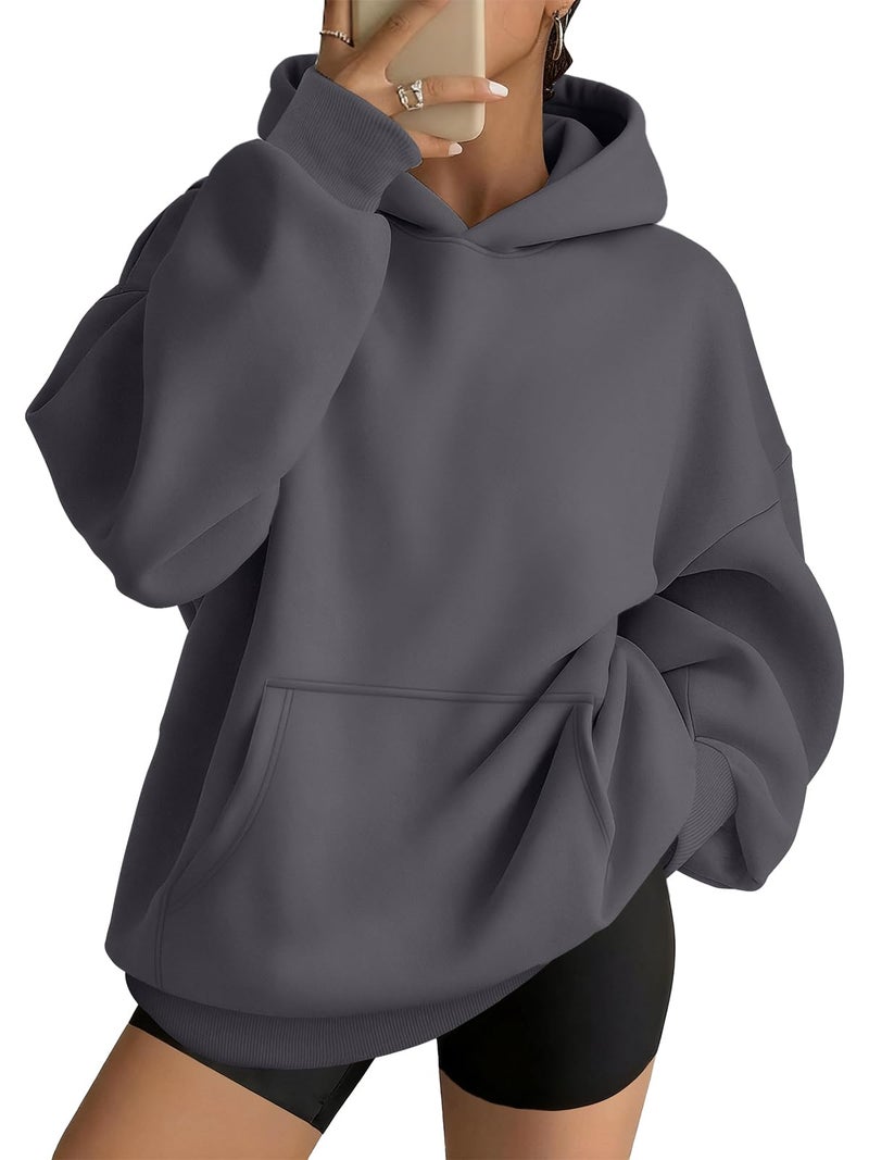 AUTOMET Womens Oversized Hoodies Fleece Trendy Sweatshirts 2026 Pullover Dark Grey XL - Image 1