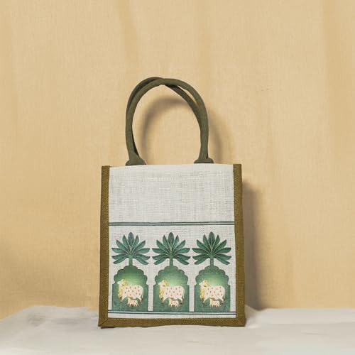 Jute Cottage Eco-Friendly Pichwai Tree Jharokha Jute Lunch Bag for Men, Women | Handcrafted Reusable Office Tiffin Bag | Stylish Lunchbox Ethnic Tote | Multipurpose Carry Bag | Made in India - Image 4