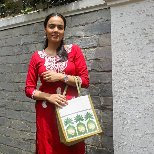 Jute Cottage Eco-Friendly Pichwai Tree Jharokha Jute Lunch Bag for Men, Women | Handcrafted Reusable Office Tiffin Bag | Stylish Lunchbox Ethnic Tote | Multipurpose Carry Bag | Made in India - Image 3