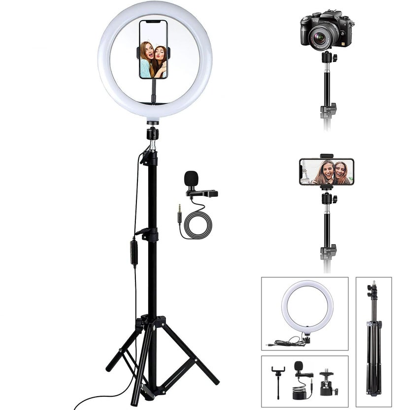 ADZOY Combo of 210 CM (6.9 Feet) Metal Tripod With10 inch LED Ring Light and Metal Collar Lapel Microphone 3.5mm for Cell Phone, Baking, Craft, Calligraphy, Drawing, Online Lesson, Video Recording - Image 1