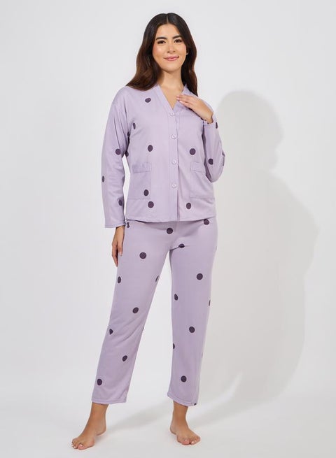 طقم من بنطال بيجاما مع بلوزة بطبعة نقاط بولكا