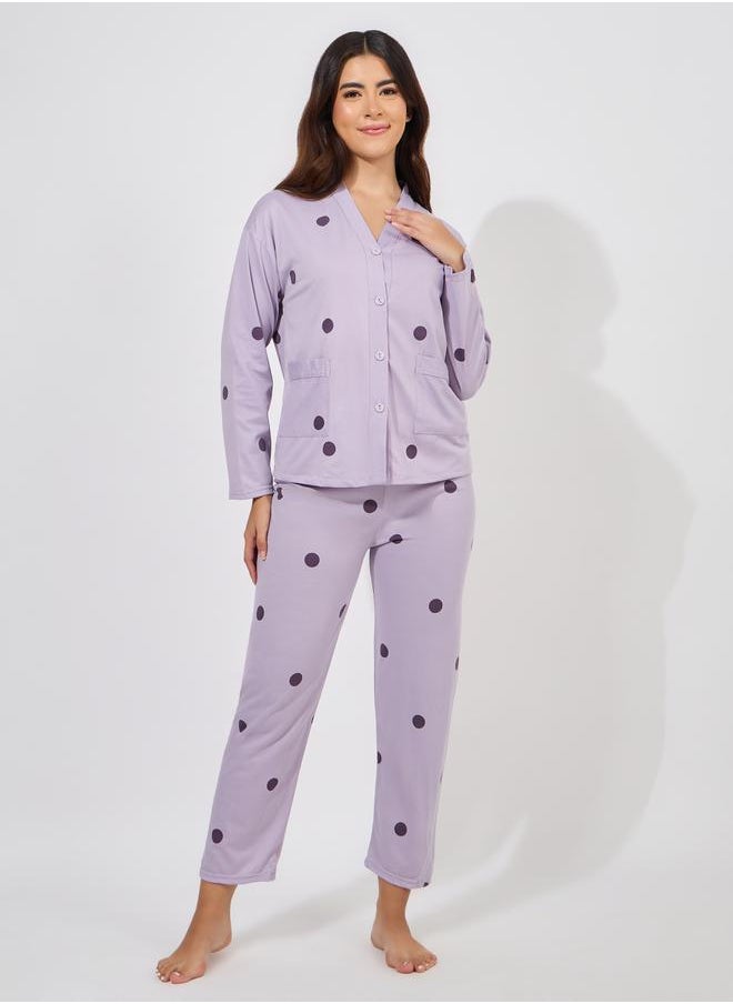 Styli - Polka Dot Print Long Sleeve Shirt & Pyjama Set - Image 1