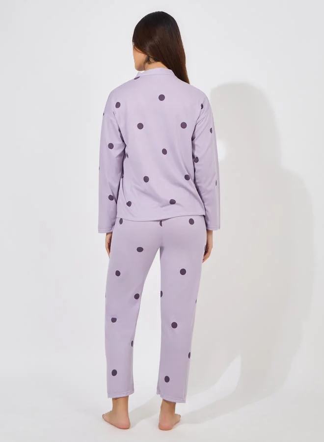 Take Two Polka Dot Print Long Sleeve Shirt & Pyjama Set