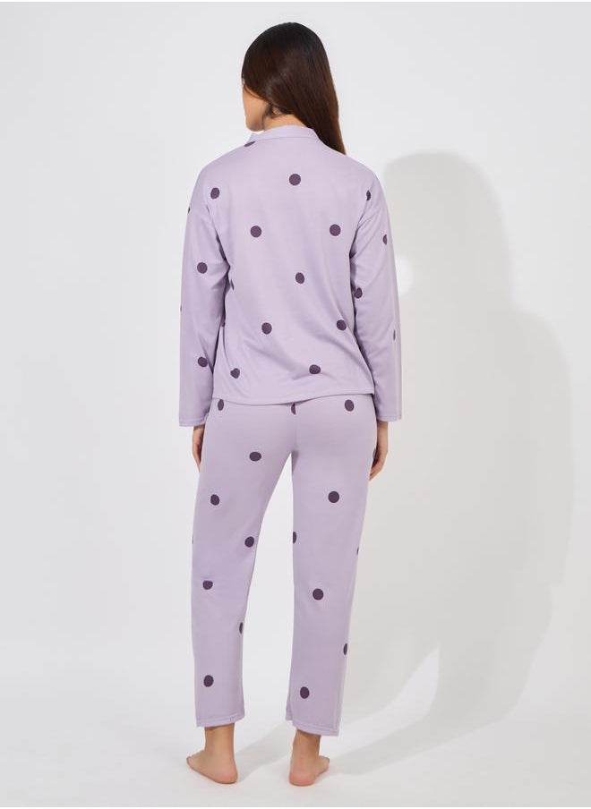 Styli - Polka Dot Print Long Sleeve Shirt & Pyjama Set - Image 1