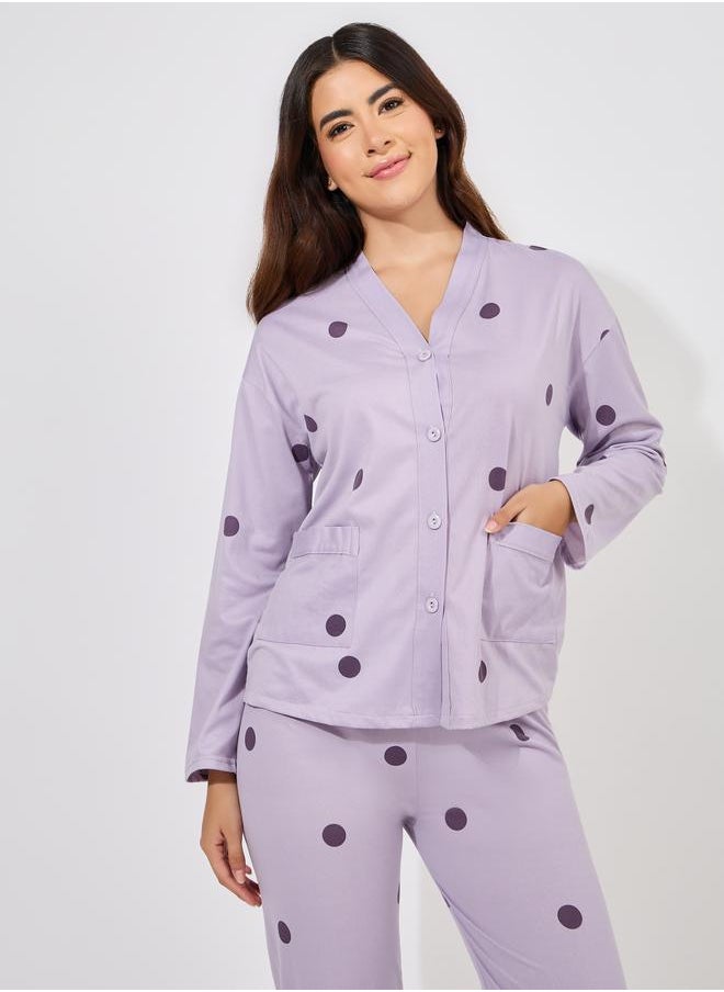 Styli - Polka Dot Print Long Sleeve Shirt & Pyjama Set - Image 1