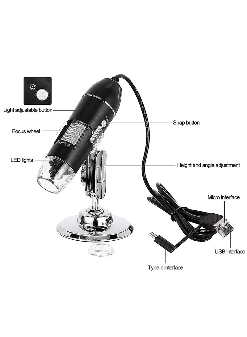 3 in 1 USB Digital Microscope,（Micro + USB + Type-C） 50x to 1600x Microscope Magnifier, Mini Pocket Handheld Microscope Camera with Light, Compatible with Windows 7/8 / 10 and Mac Android - Image 4