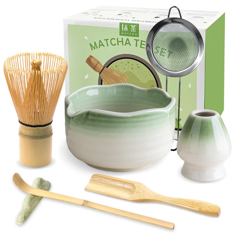 JBER Matcha Whisk Set Ceramic Matcha Kit Includes Bowl with Spout Matcha Whisk Chasen and Holder Sifter Scoop Spoon Rest 7PCS Matcha Set for Matcha Lovers Ceremony Gradient Light Green - Image 2