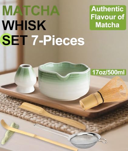 JBER Matcha Whisk Set Ceramic Matcha Kit Includes Bowl with Spout Matcha Whisk Chasen and Holder Sifter Scoop Spoon Rest 7PCS Matcha Set for Matcha Lovers Ceremony Gradient Light Green - Image 3