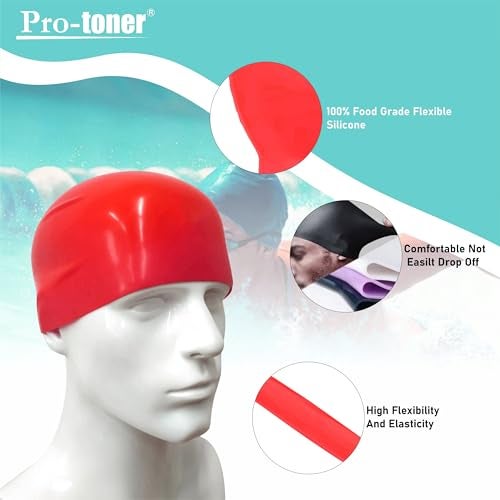 Protoner Silicone Swimming Cap, Unisex, Multi-Colour, One Size Fits All (Red) - Image 2