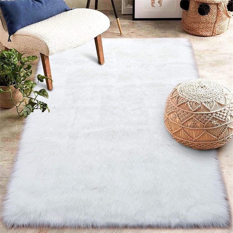 ELECDON Stylish Ultra Soft Silky Fluffy Shag Faux Sheepskin Non-Skid Area Rug, Bedside Rugs For Bedroom Living Room Carpet Nursery Floor Mats, Kids Playroom Decor (White) - Image 5