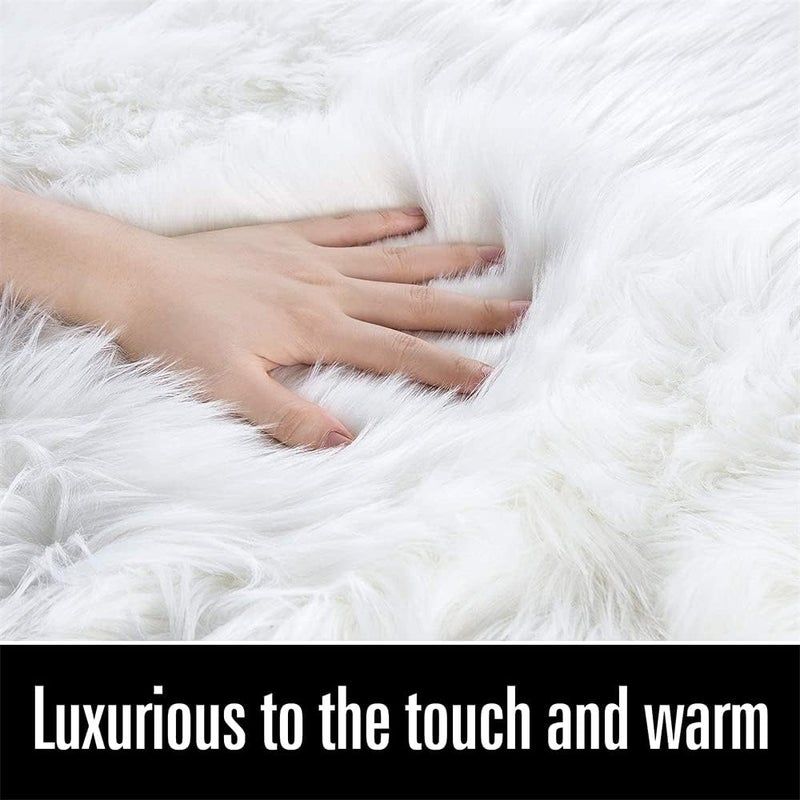 ELECDON Stylish Ultra Soft Silky Fluffy Shag Faux Sheepskin Non-Skid Area Rug, Bedside Rugs For Bedroom Living Room Carpet Nursery Floor Mats, Kids Playroom Decor (White) - Image 3