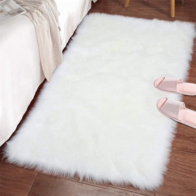 ELECDON Stylish Ultra Soft Silky Fluffy Shag Faux Sheepskin Non-Skid Area Rug, Bedside Rugs For Bedroom Living Room Carpet Nursery Floor Mats, Kids Playroom Decor (White) - Image 1