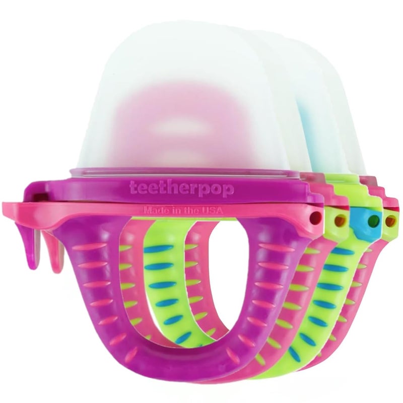 Teetherpop Fillable Silicone Teether for Babies 4Pack Breastmilk Popsicle Molds for Teething wSpillProof Sippy Slits Freezable Baby Teethers for Liquids Pures PinkLemonLimonTealFucshia