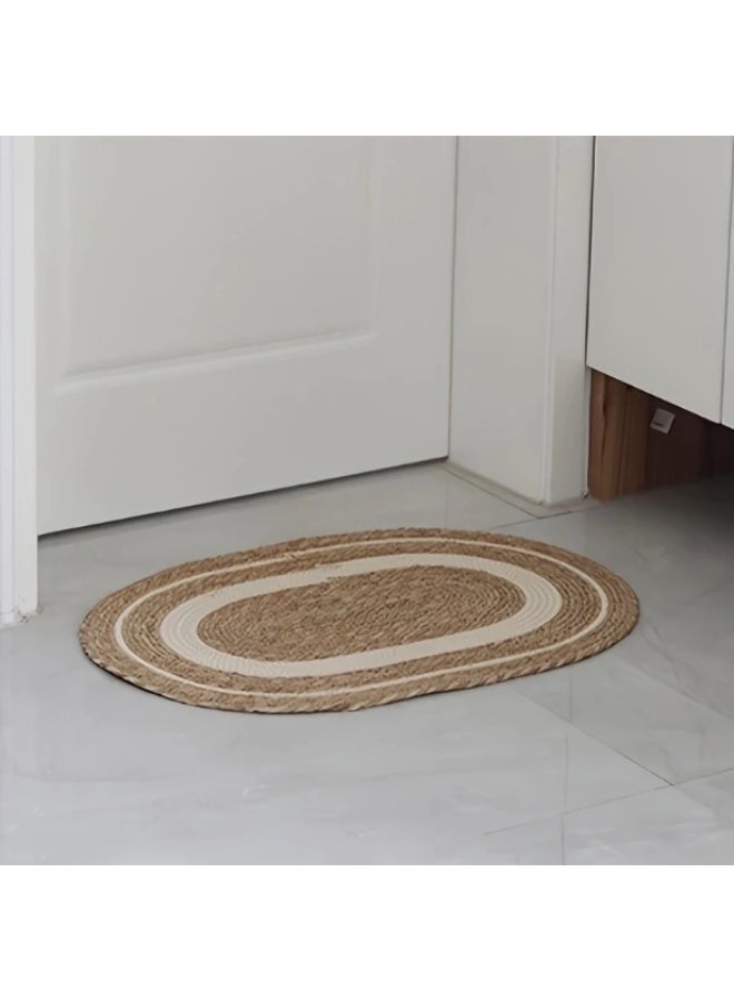 LINGWEI Jute Rug Carpet Oval Jute Rug with White Line Design Floor Mat Carpet Jute Door Mat Area Rug Carpet - Image 5