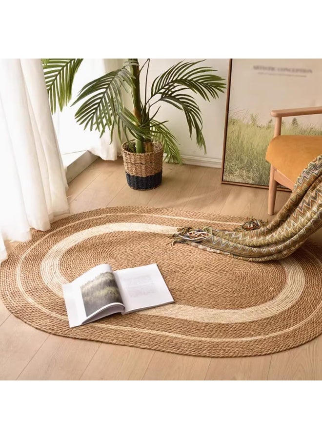 LINGWEI Jute Rug Carpet Oval Jute Rug with White Line Design Floor Mat Carpet Jute Door Mat Area Rug Carpet - Image 3