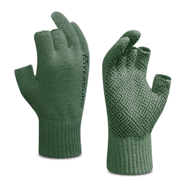 Riverruns Wool Fishing Gloves - Winter Fingerless Knitted Gloves for Men and Women 3-Cut Fingers Warm Gloves for Cold Weather, Fishing, Kayaking (S/M, Green) - Image 1