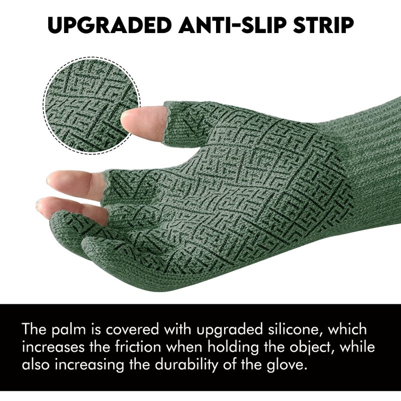 Riverruns Wool Fishing Gloves - Winter Fingerless Knitted Gloves for Men and Women 3-Cut Fingers Warm Gloves for Cold Weather, Fishing, Kayaking (S/M, Green) - Image 3