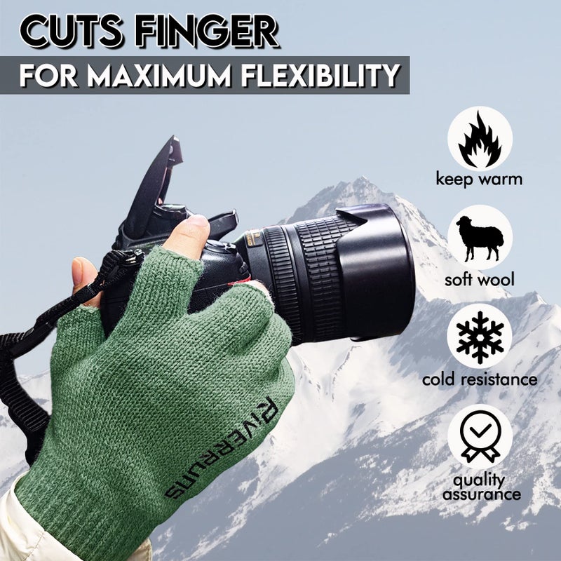Riverruns Wool Fishing Gloves - Winter Fingerless Knitted Gloves for Men and Women 3-Cut Fingers Warm Gloves for Cold Weather, Fishing, Kayaking (S/M, Green) - Image 2