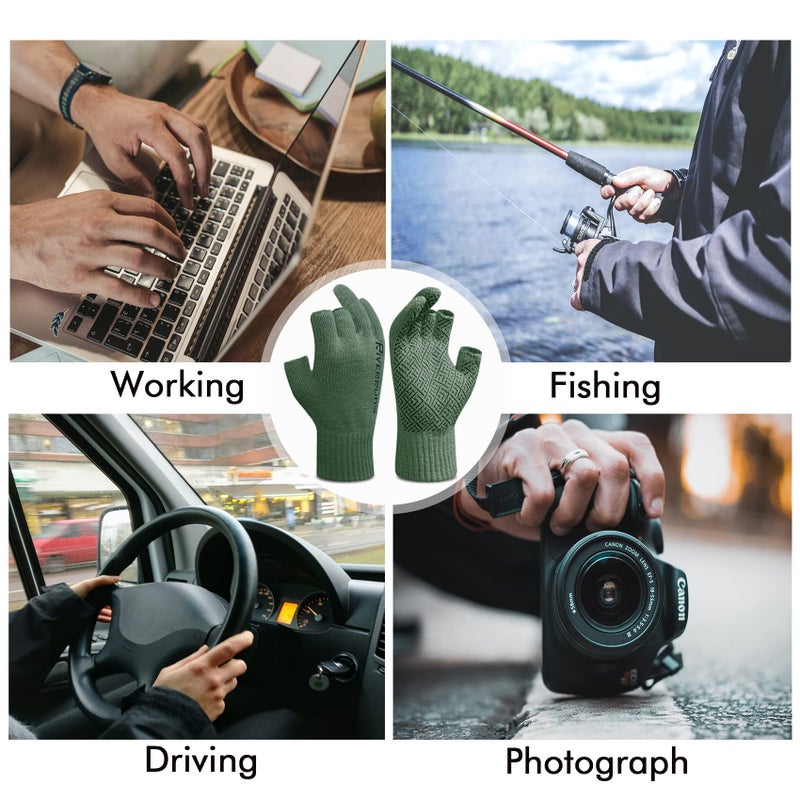 Riverruns Wool Fishing Gloves - Winter Fingerless Knitted Gloves for Men and Women 3-Cut Fingers Warm Gloves for Cold Weather, Fishing, Kayaking (S/M, Green) - Image 5