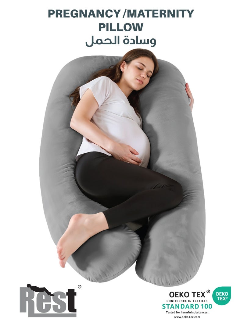 Rest Premium Velvet U Shaped Pregnancy Pillow  70x140cm  Maternity Full Body Pillow For Pregnant Women for Back , Hip , Neck and Knee Support with Removal Cover , Grey - Image 1