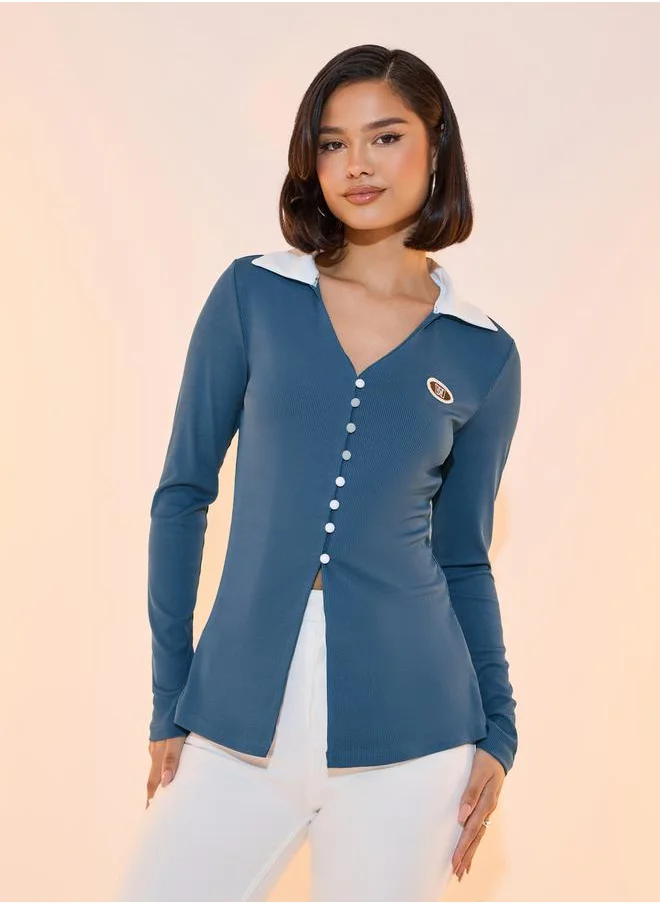 Styli Button Rib Knit Top with Patch Front Detail