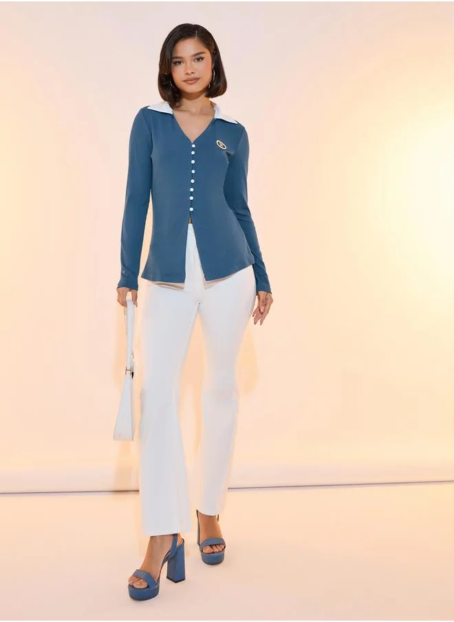 Styli Button Rib Knit Top with Patch Front Detail