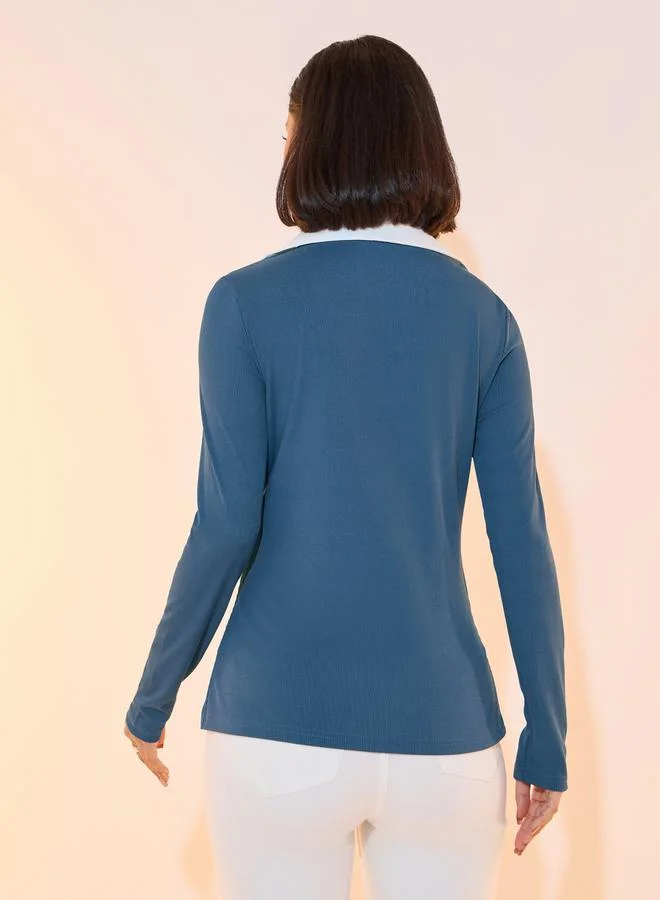 Take Two Button Rib Knit Top with Patch Front Detail